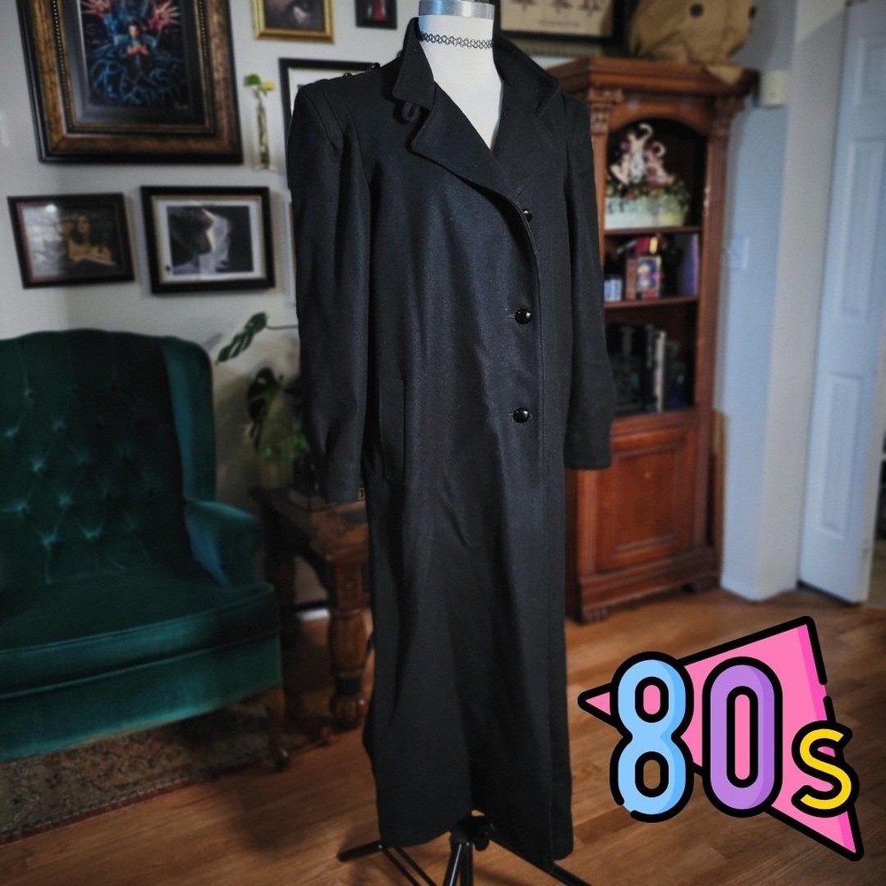 Miss New Yorker Trench Coat Vintage 80s Black Long Likely Wool‎ Blend Overcoat
